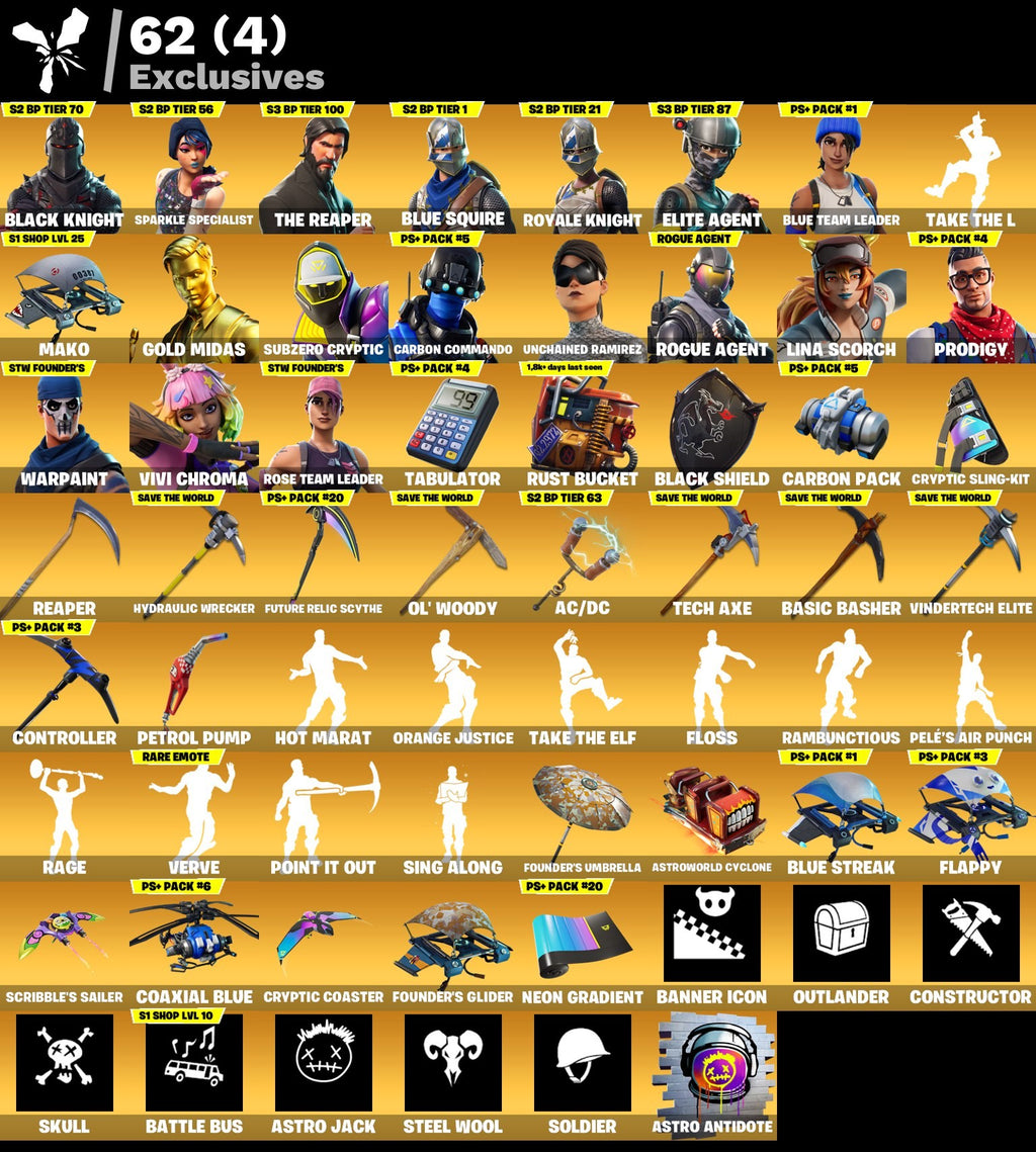 [PC/PSN/XBOX] 197 skins | OG STW | Black Knight | Sparkle Specialist | The Reaper | Blue Squire | Royale Knight | Elite Agent | Blue Team Leader | Gold Midas | 1110 VB