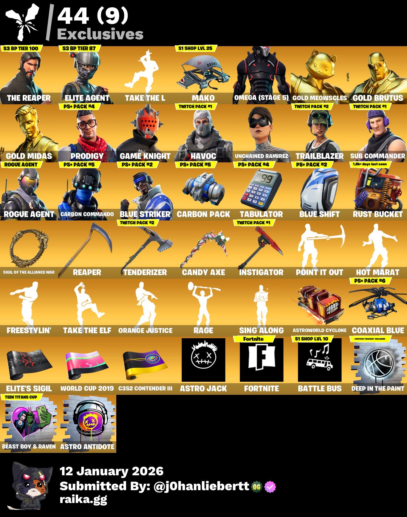 [PC/PSN/XBOX] 366 skins | Renegade Raider | The Reaper | Elite Agent | Omega (stage 5) | Gold Meowscles | Gold Brutus | Gold Midas | Prodigy | Game Knight | 650 VB