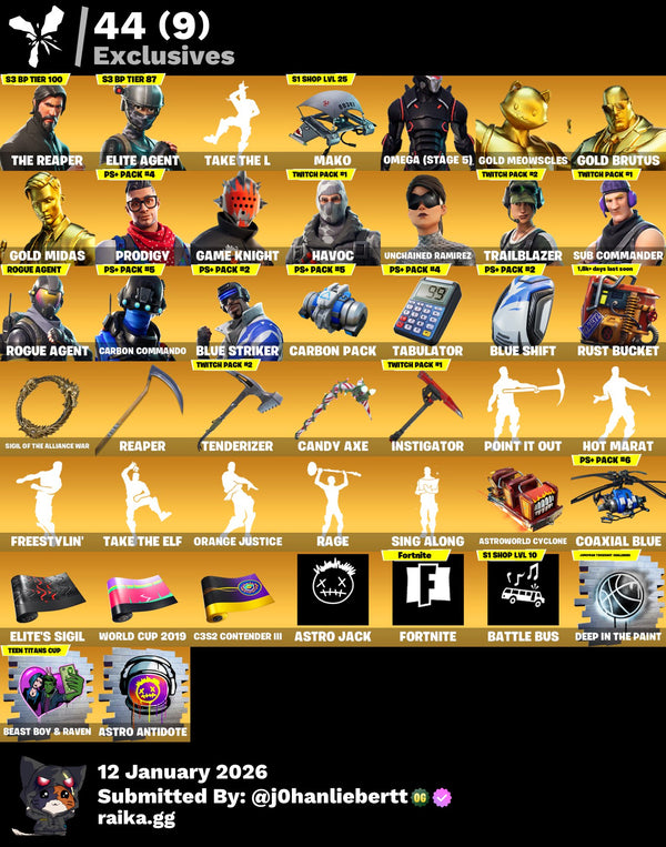 [PC/PSN/XBOX] 366 skins | Renegade Raider | The Reaper | Elite Agent | Omega (stage 5) | Gold Meowscles | Gold Brutus | Gold Midas | Prodigy | Game Knight | 650 VB